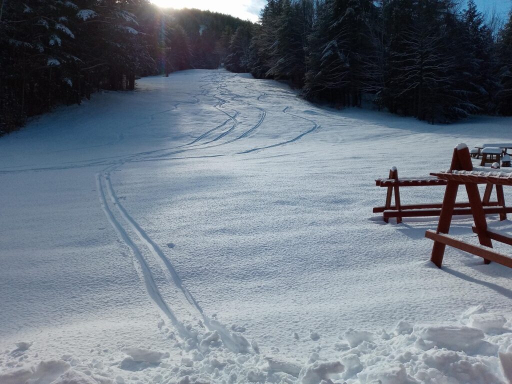 Ski tracks are left in the fresh white powder on a hill.