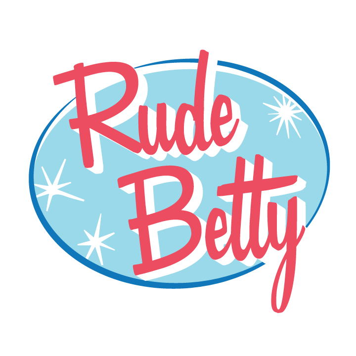 The Rude Betty logo is a blue oval with red lettering and white atomic-style stars. It has a retro vibe.