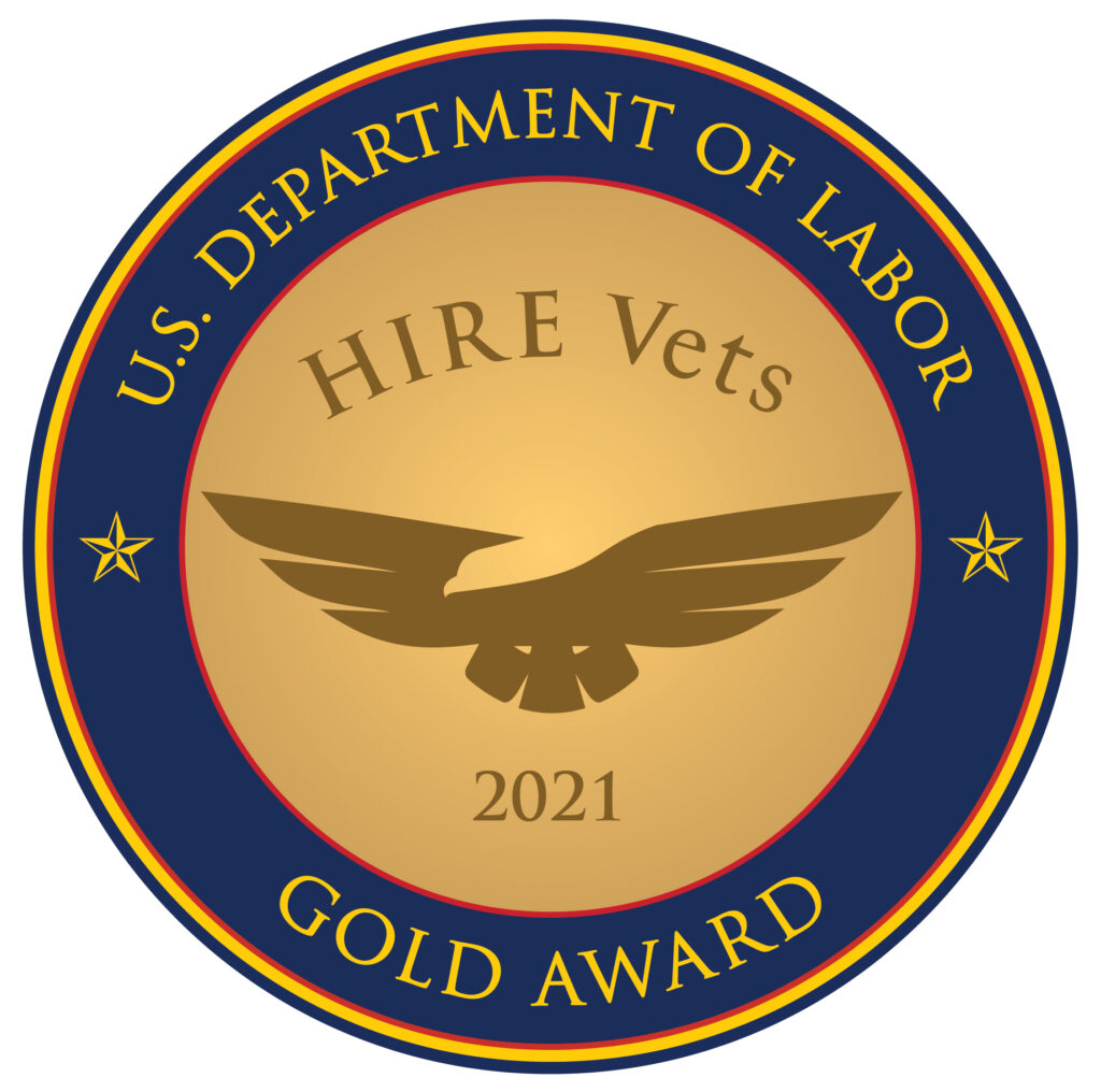 A blue and gold circle that reads "HIRE Vets 2021 US Department of labor Gold Award.