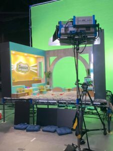 Set with lights and green screen for Temptations treats